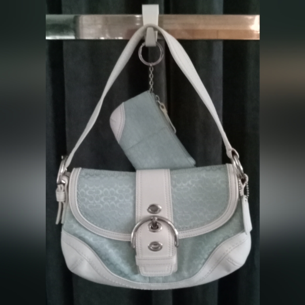 COPY - Coach Light Blue and White Handbag with zipper pouch